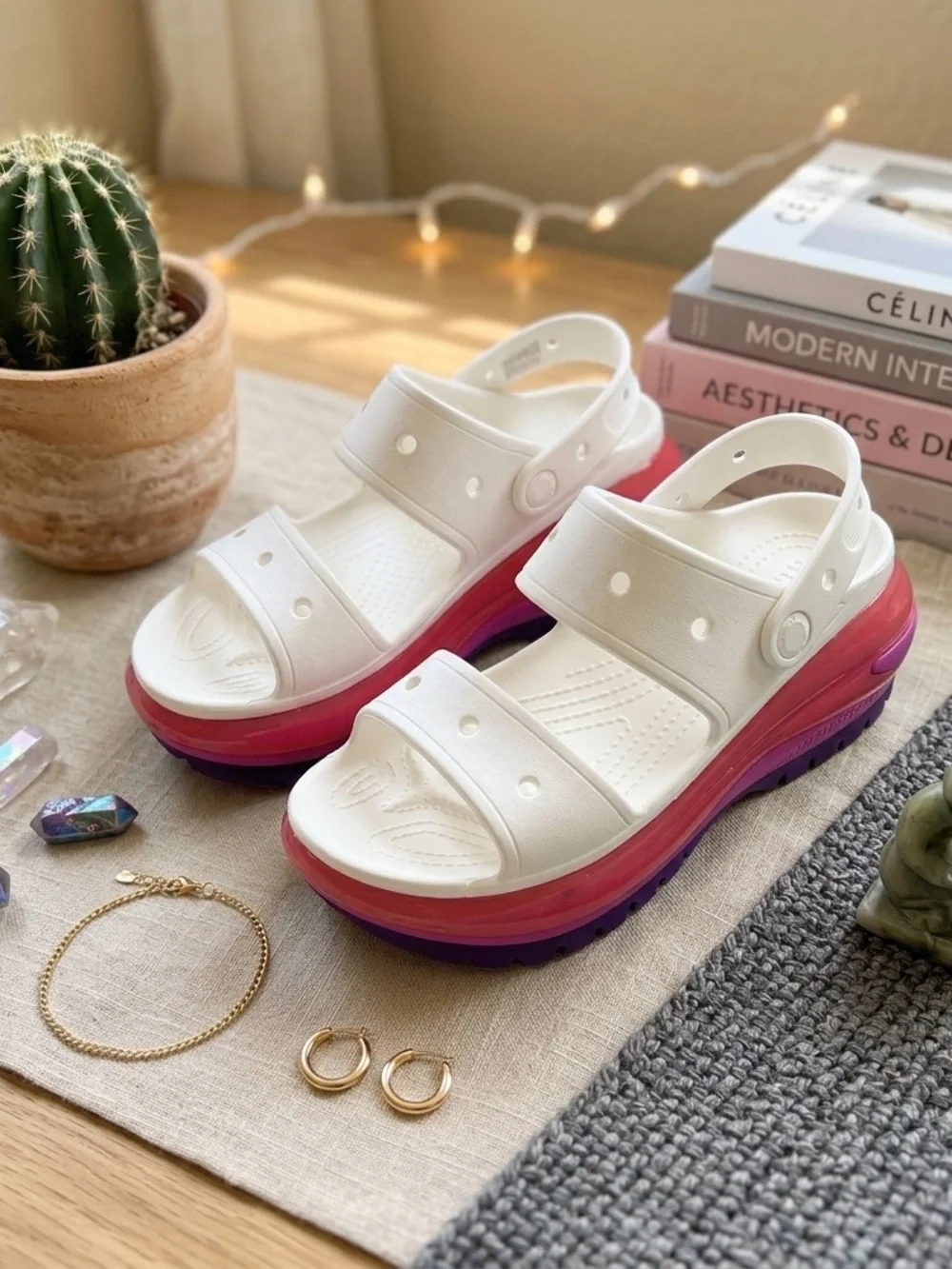 CROCS White Platform Sandals with Pink and Purple Gradient Midsole